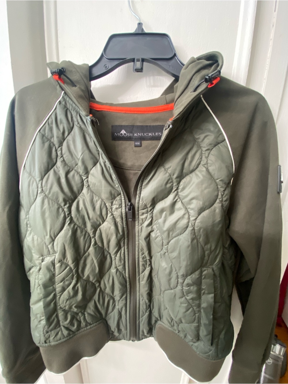 Moose Knuckles Olive Green Quilted Hoodie with Orange Trim